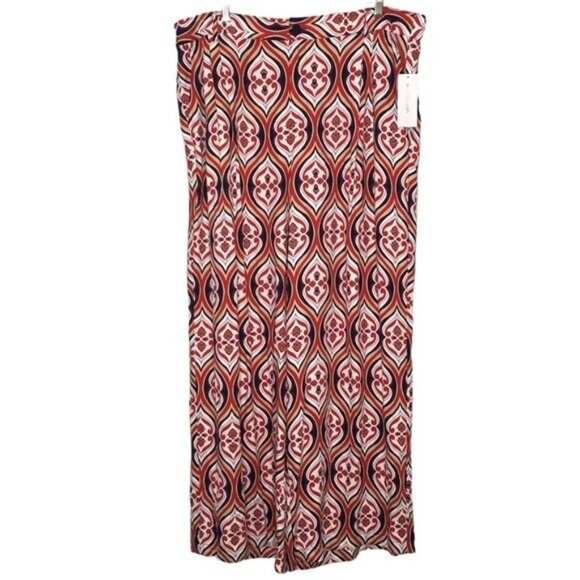 Liz Claiborne Wide Leg Pants Women Size 18 Flat Front Comfort Red Blue Geo Print - Picture 4 of 15